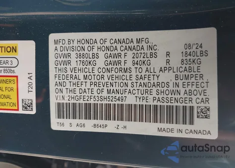 2025 Honda Civic Sport из США, поврежденный, VIN 2HGFE2F53SH525497